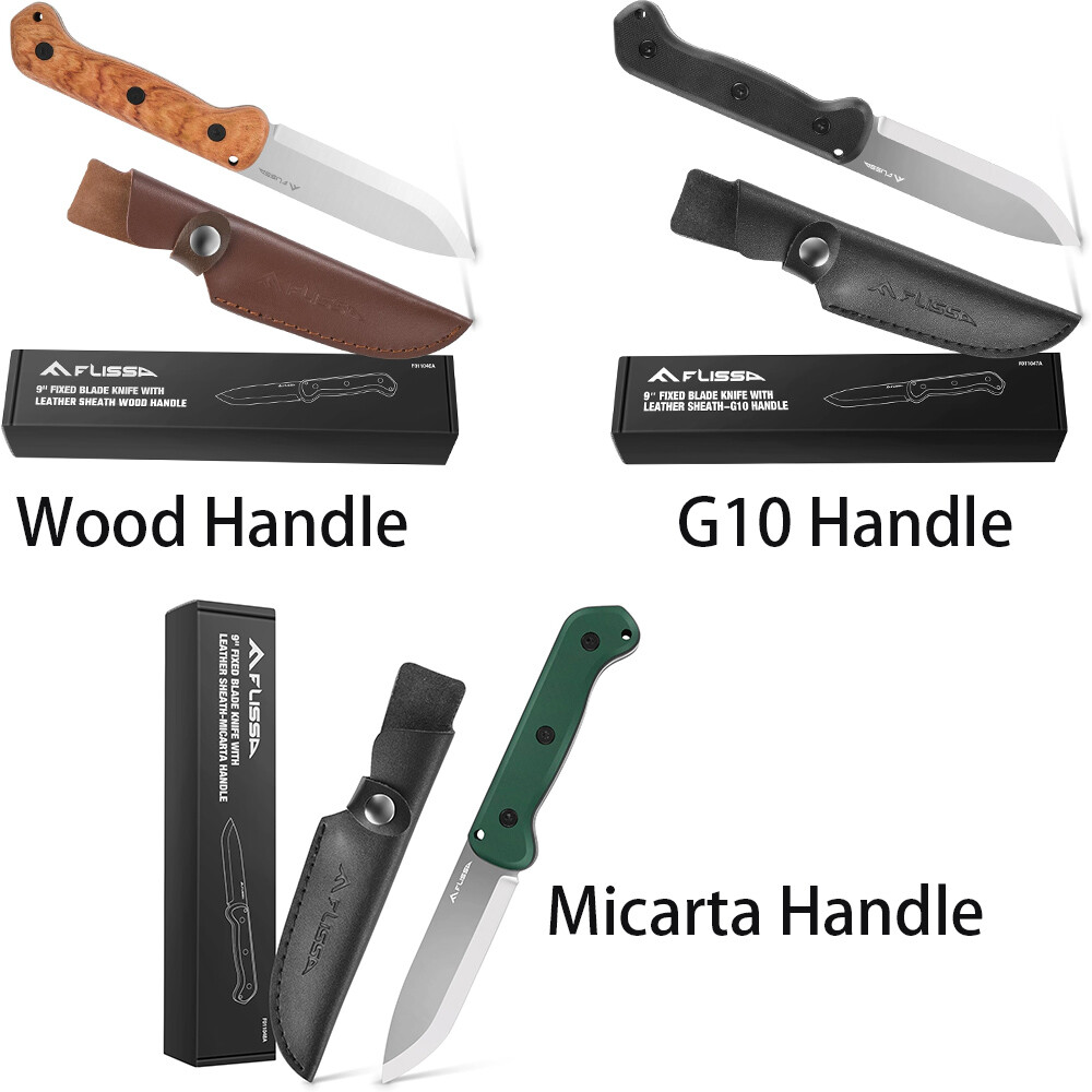 FLISSA 9″ Fixed Blade Knife, D2 Steel Leather Sheath Included Drop Point NEW