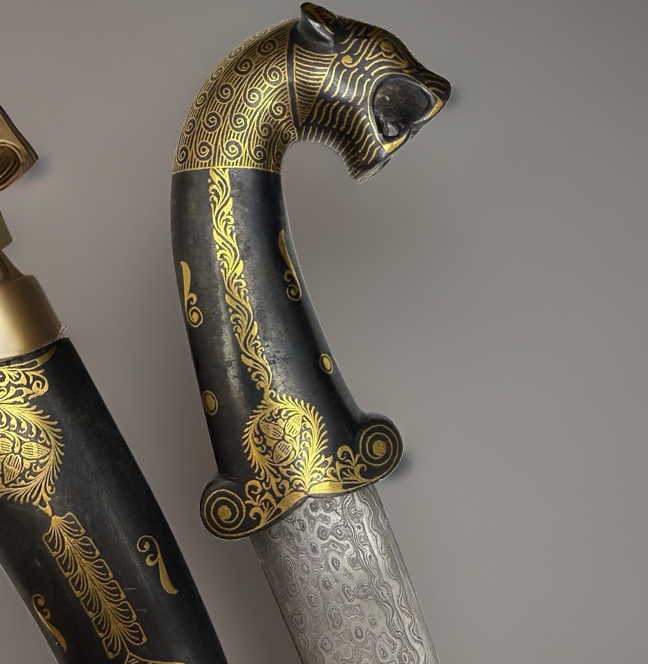 India Persian Khanjar Dagger Damascus Blade Gold Inlay Tiger Handle w Sheath