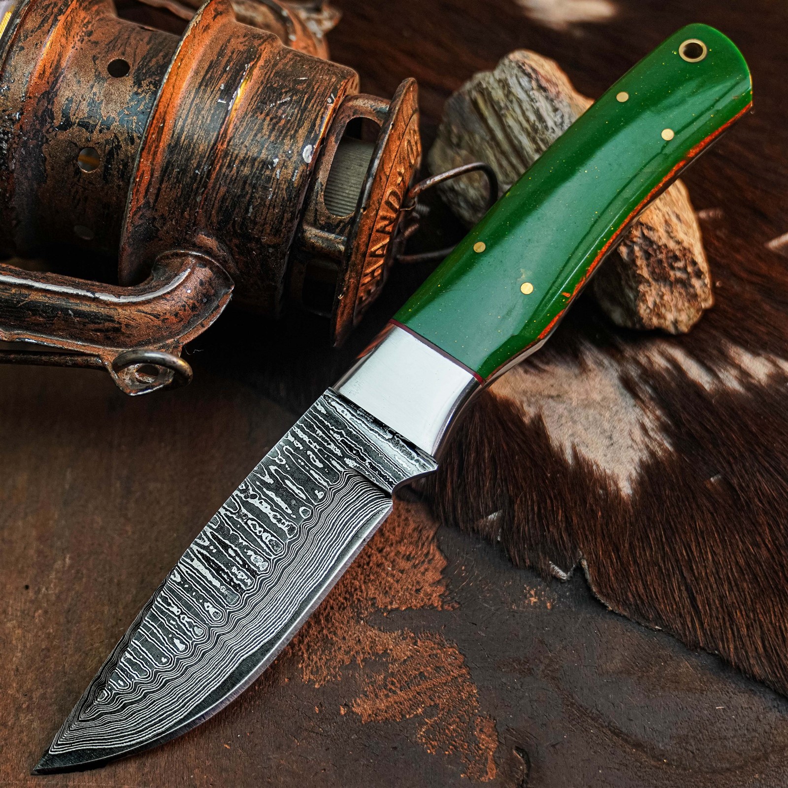 9.0″ Camping Bushcraft Damascus Knife Handmade Full Tang Resin Handle +Sheath