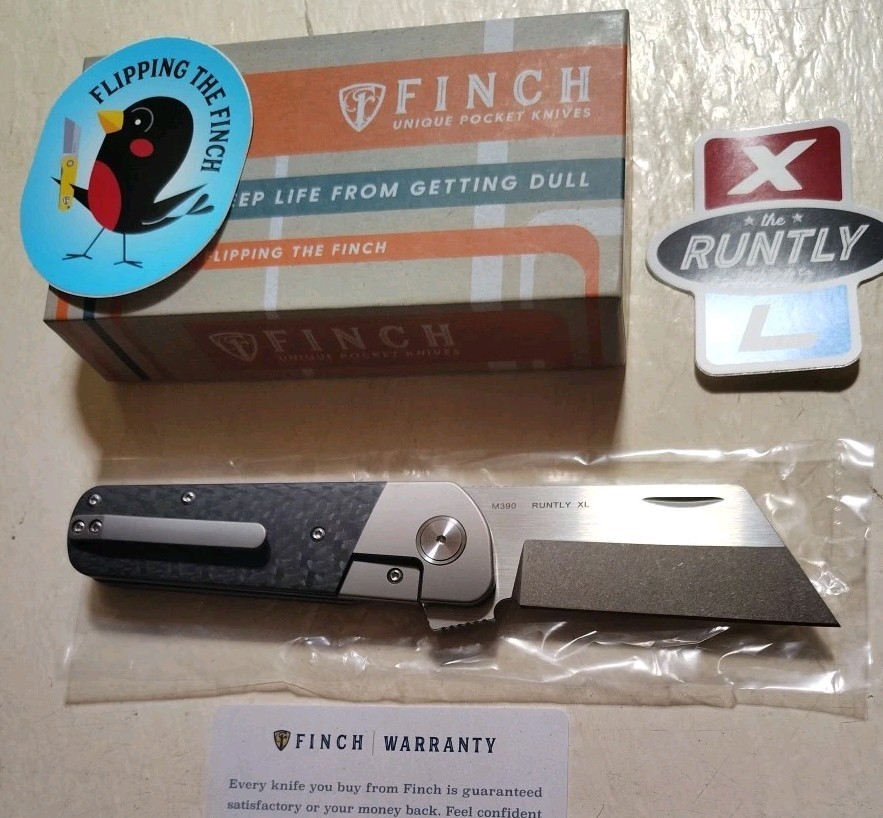 Finch Knife Co RUNTLY XL Dark Side Flipper 3.15″ M390 Wharnie Ti w/CF Handle