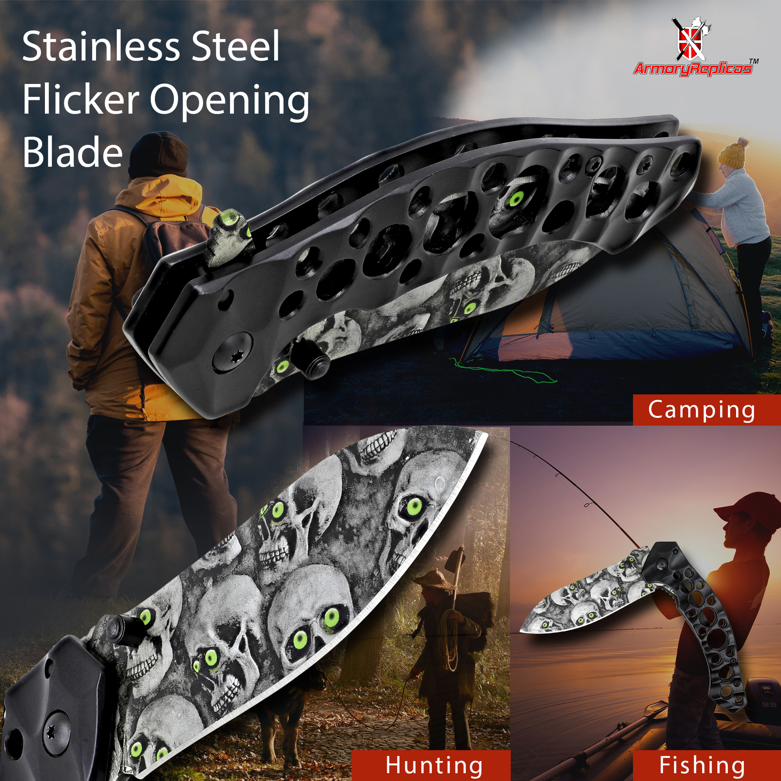 8.25″ Skull Manual Force Stainless Steel Spring Assist Folding Knife,Black Blade