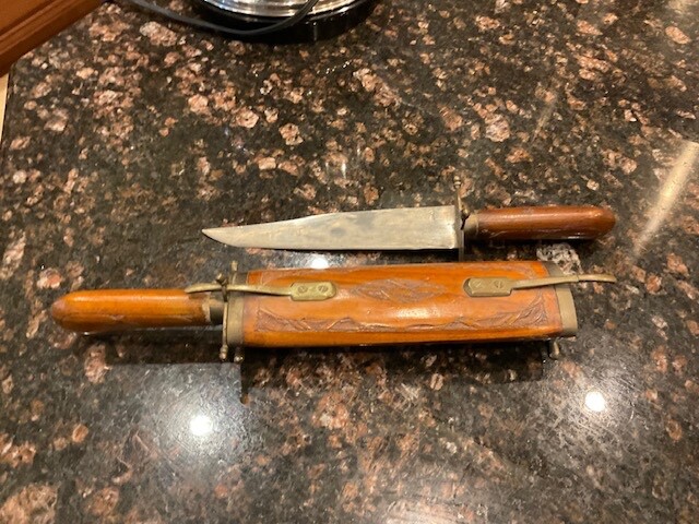 Vtg Decorative Knife & Fork Set In Wooden Hand Carved & Brass Casing India