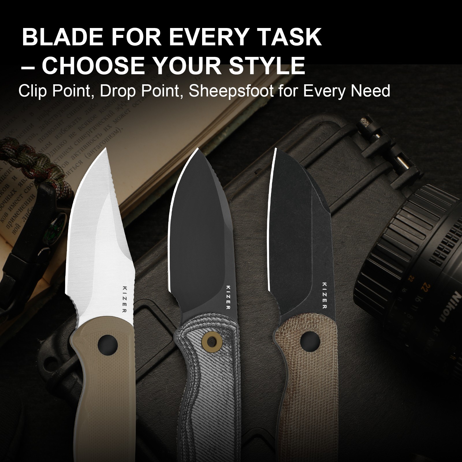 Kizer Drop Bear Fix Drop Point Fixed Knife S45VN Blade Micarta Handle + Sheath