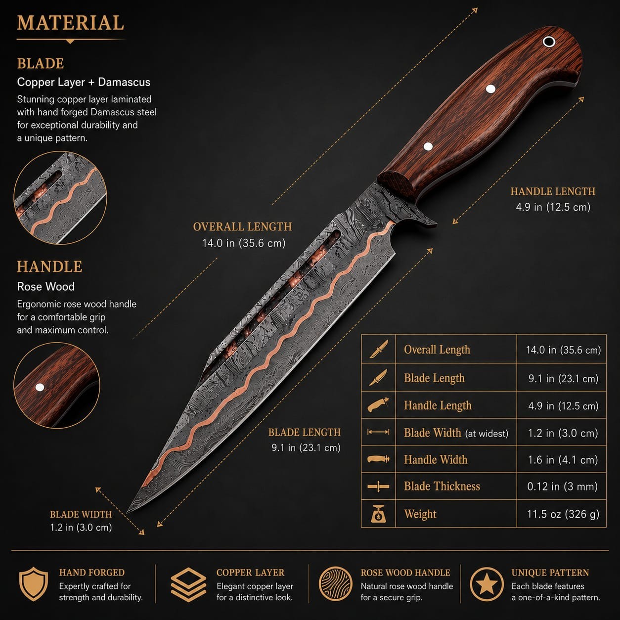 Premium Hand Forged Copper Dasmascus Steel Hunting Bowie Viking Saxon Seax Knife