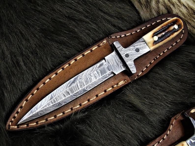 Handmade Damascus Hunting Knife | Fixed Blade Bowie Knife | Stag Horn Handle | C