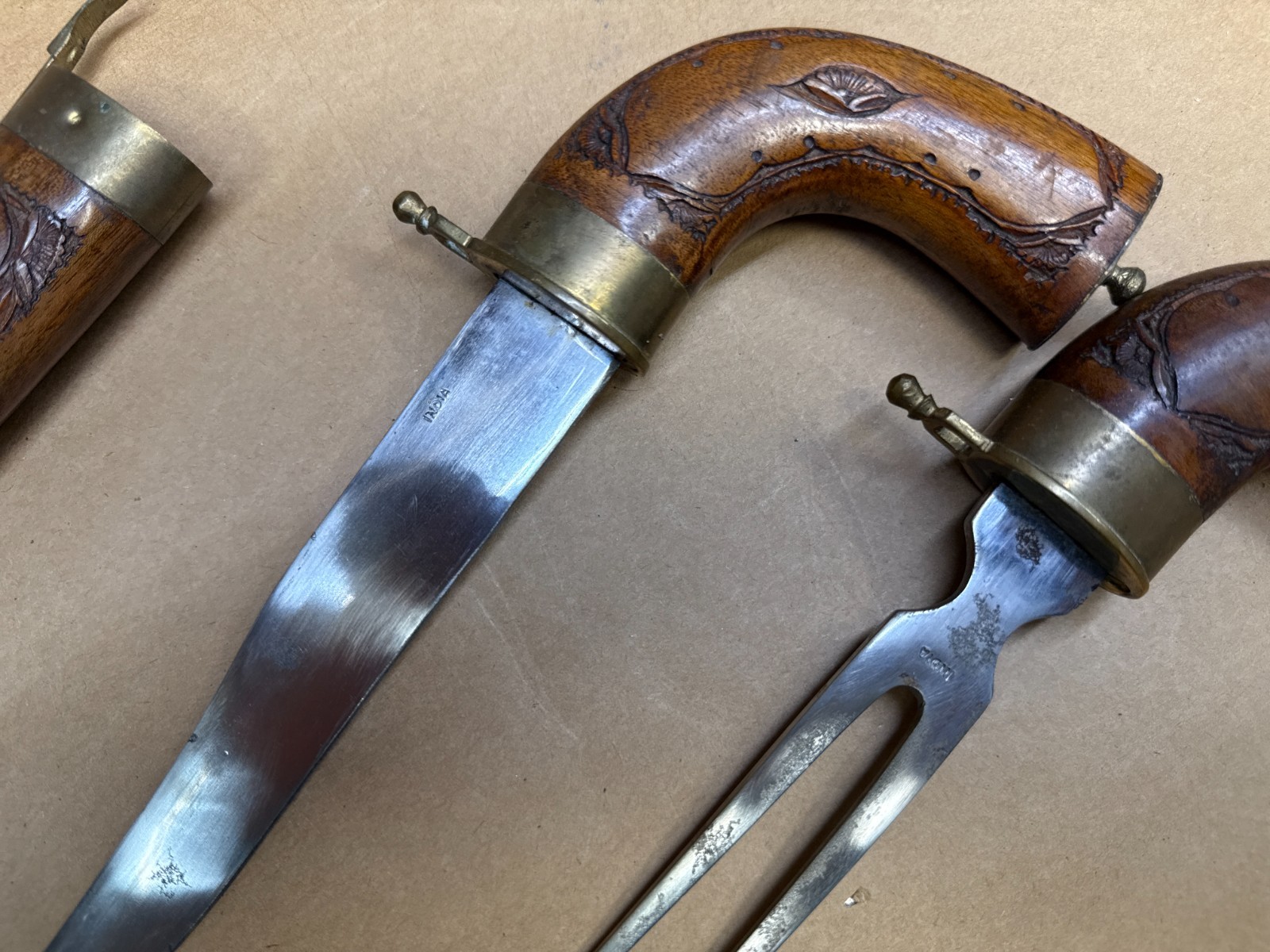 VERY RARE Knife Pair Carved Handles Matched Carved Wood Sheaths Brass Trim-INDIA