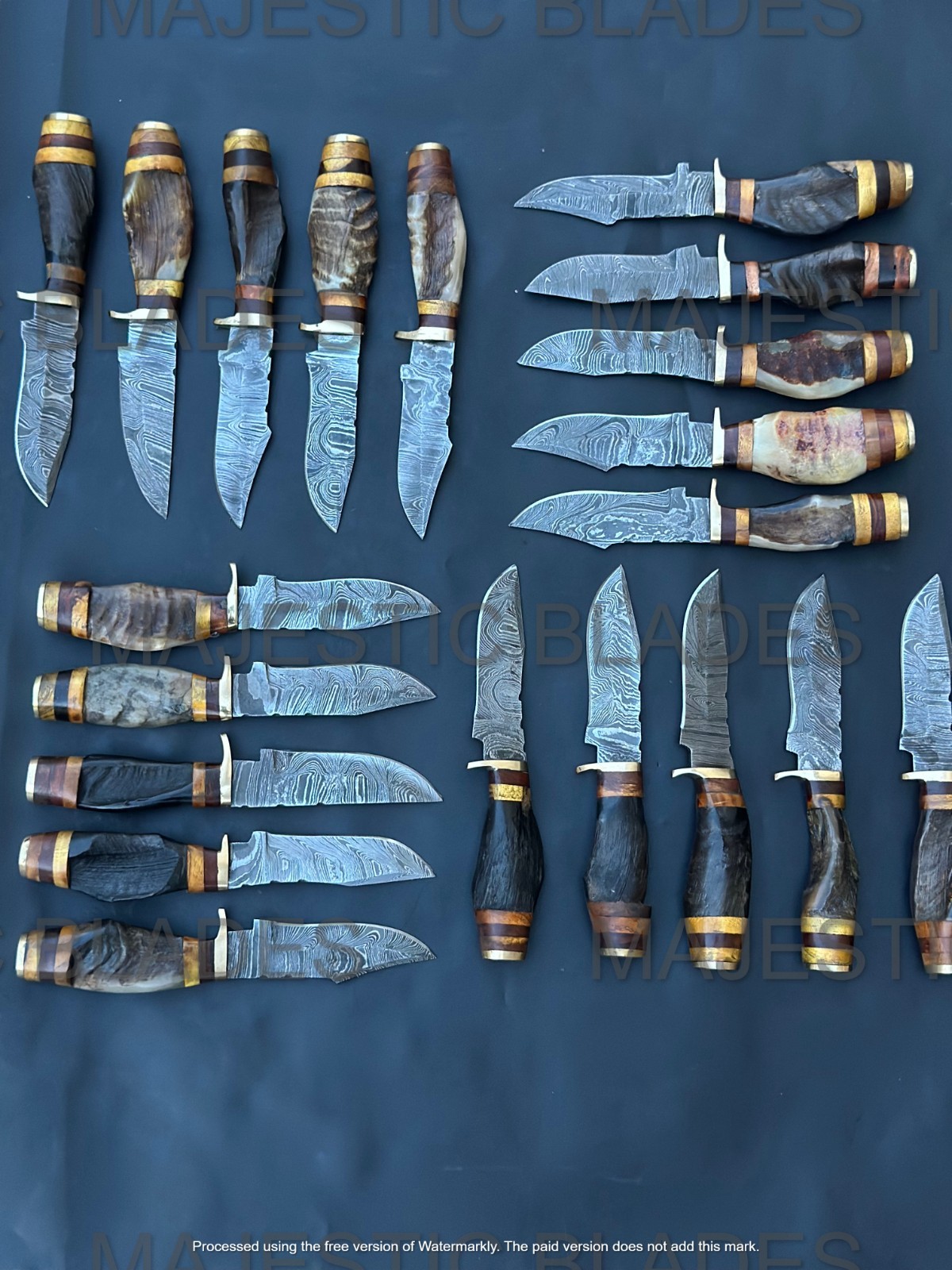 Lot of 20pc 8» Damascus Steel Skinning/Hunting Knife Ram Horn Handle W Sheath.