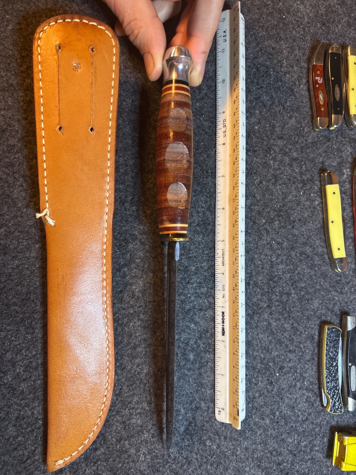 Vintage KA-BAR 1207 USA 6″ Stacked Leather Hunting Knife & Original Sheath MINT