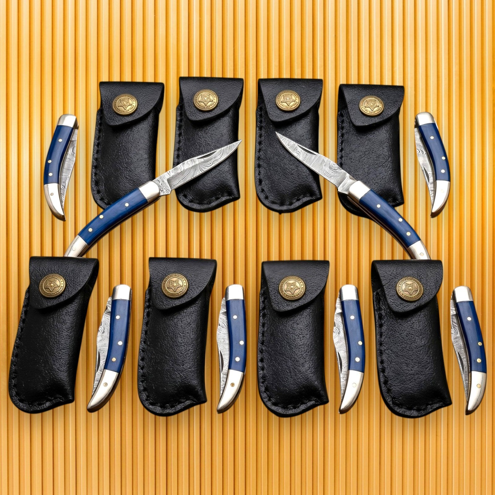 Damascus Pocket Knife Lot of 8 Blue Bone Handle Folding Knives w/Leather Sheath