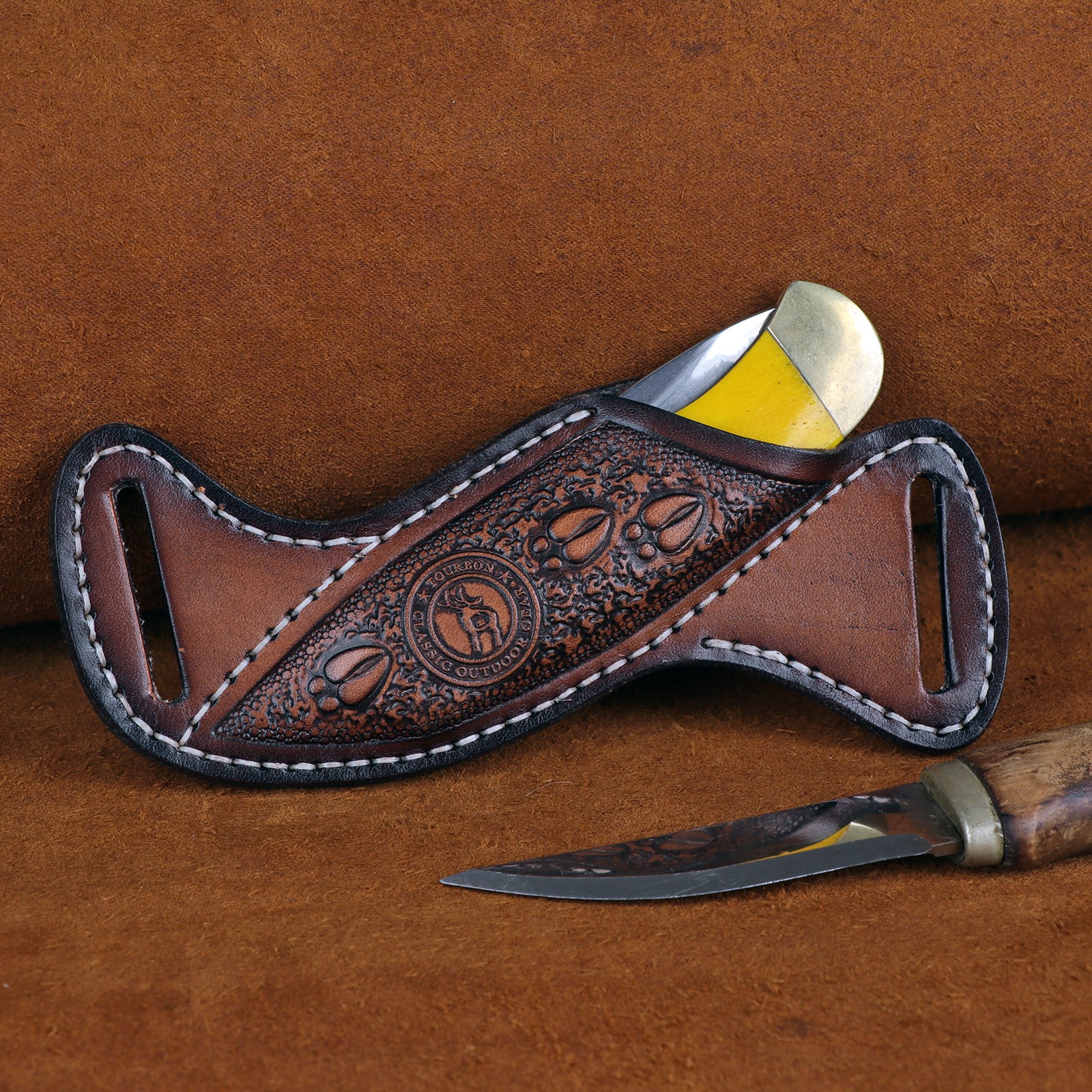 TOURBON Leather Fixed Blade Knife Sheath Slanted Pancake Belt Holster Hunting US