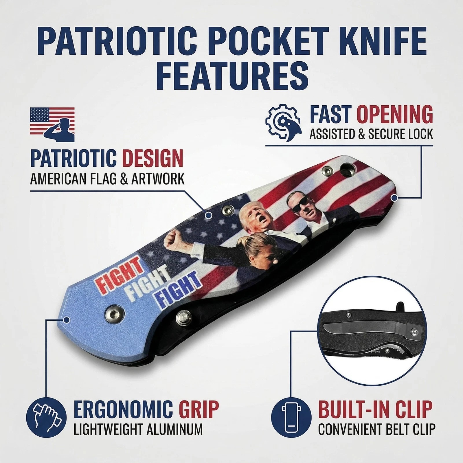 Trump 2024 Fight Spring Assisted Stainless Steel pocket knife with Belt Clip