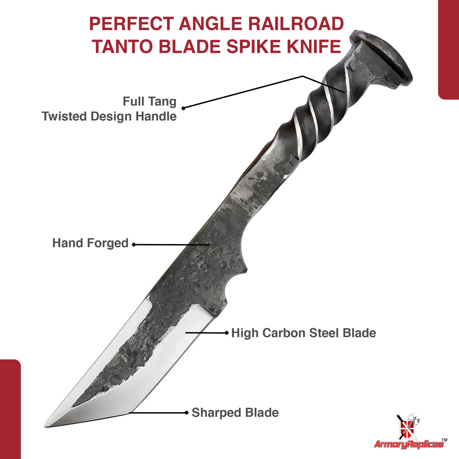 Hunting Camping Outdoor Tanto Full Tang Railroad Spike Knife w/ Leather Sheath