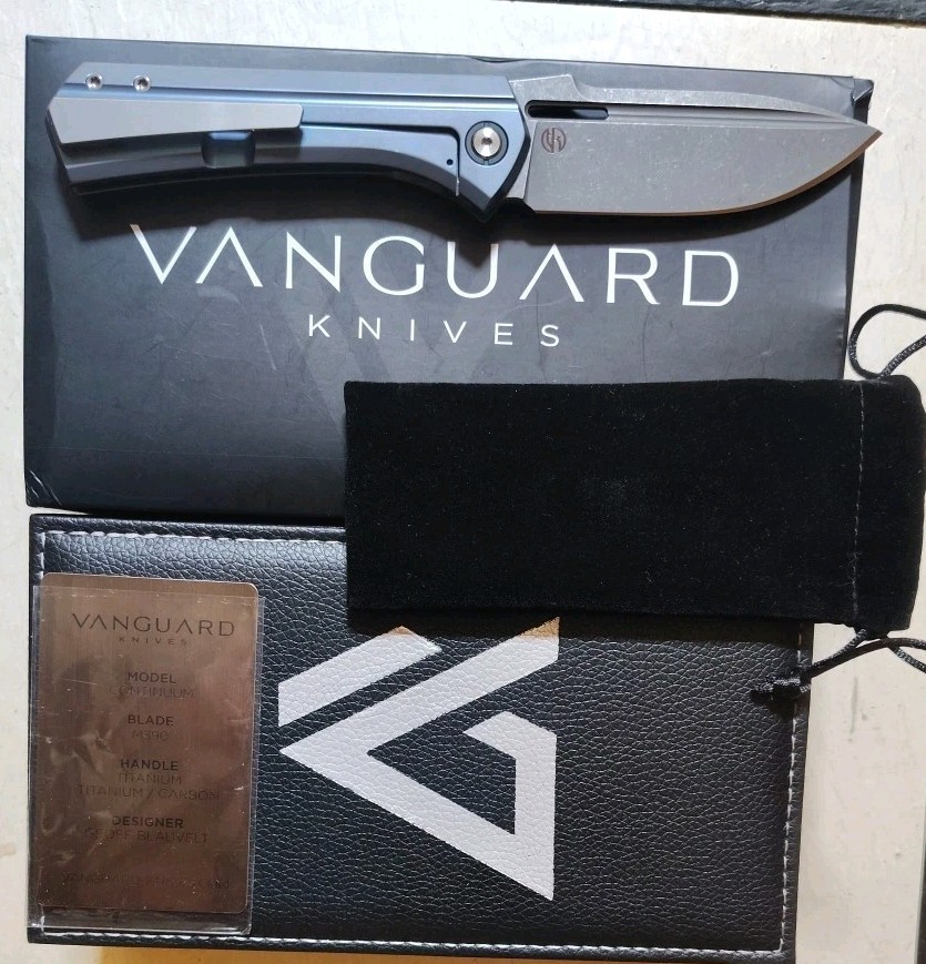 New Vanguard Continuum Framelock 3.4″ M390 SW Drop Point Blue Ti & CF Handle