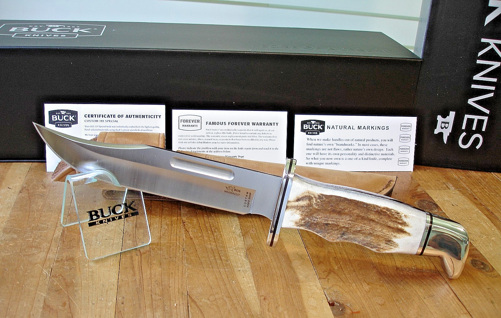 NIB BUCK KNIFE 119 CKS SPECIAL BOS MAGNACUT BLADE ELK ANTLER HANDLE BROWN SHEATH