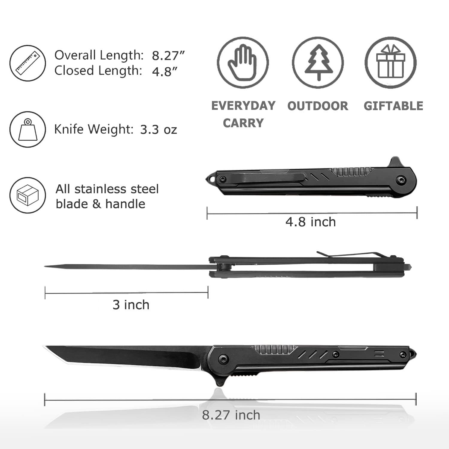 EDC Pocket Knife for Men, Tanto Folding Knives with Clip, Slim Gentleman’s Kn…