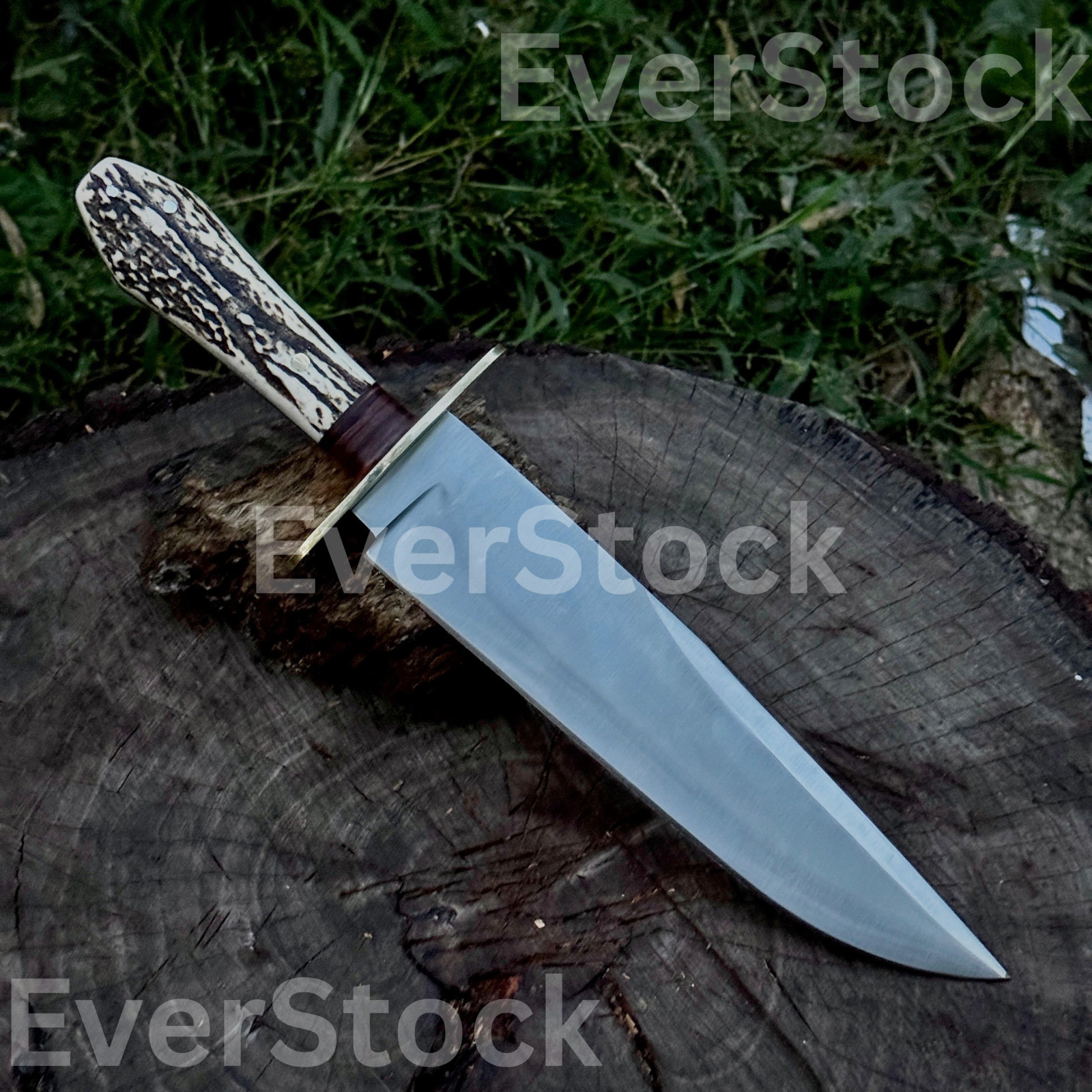 HANDMADE COFFIN HANDLE BOWIE HUNTING KNIFE WITH ANTLER HANDLE WITH LEATHER SHETH