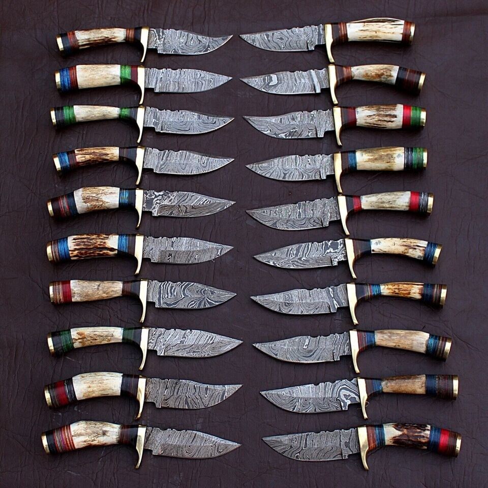 LOT OF 20, 6 inches Handmade Damascus Steel Skinner Knives in Stag horn W/Sheath