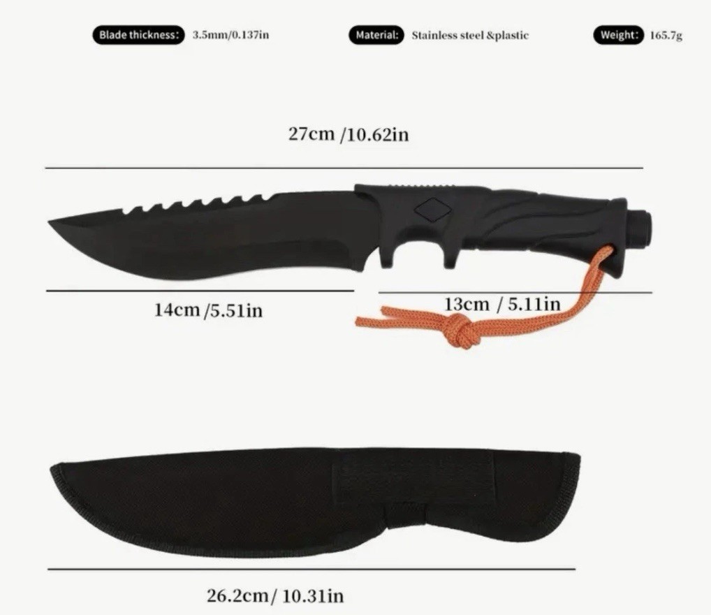 10.31 Inch Hunting Knives Steel Blade Black Knife Nylon Sheath Black Handle