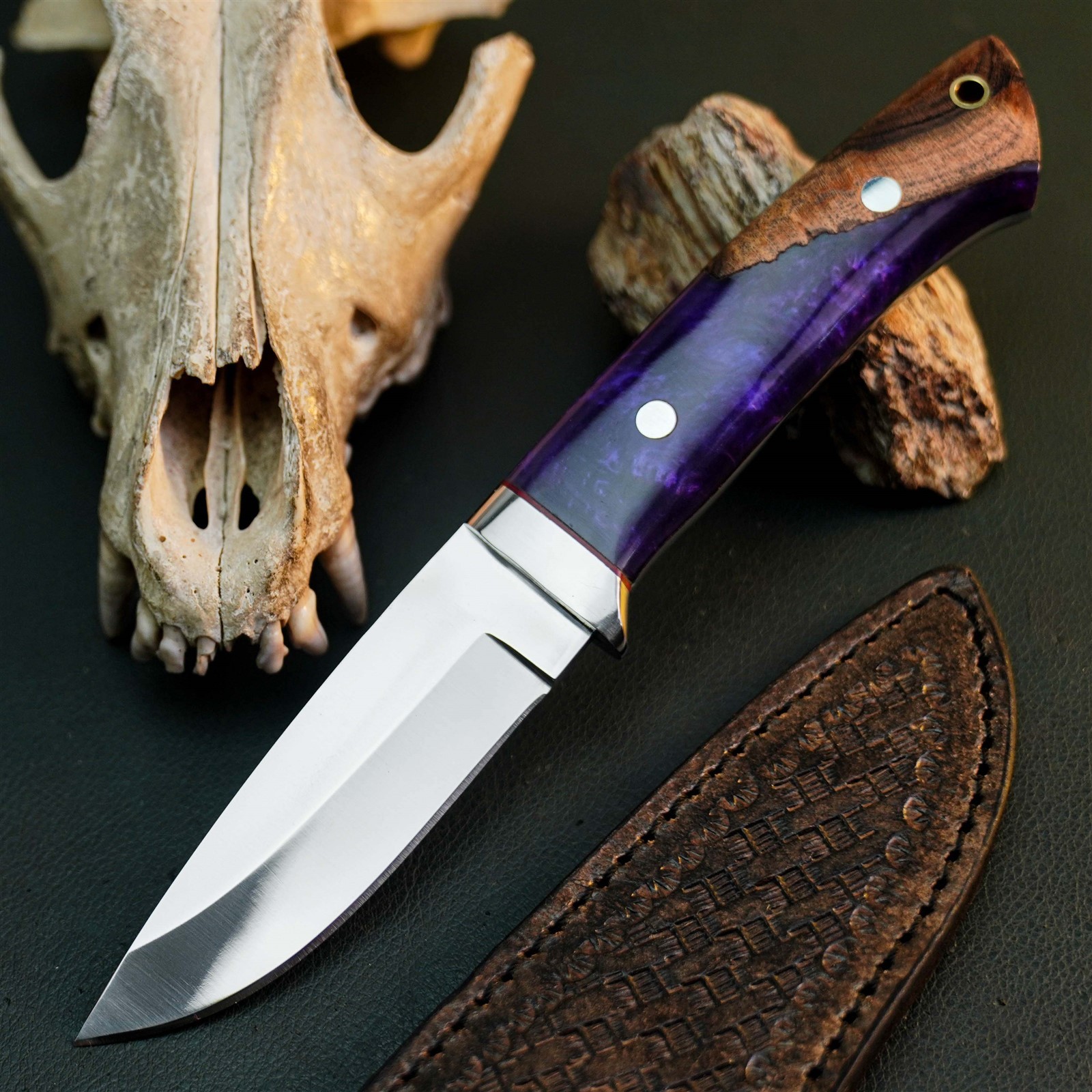 8.6″ Hunting EDC Stainless Knife Handmade Full Tang Wood Handle + Sheath