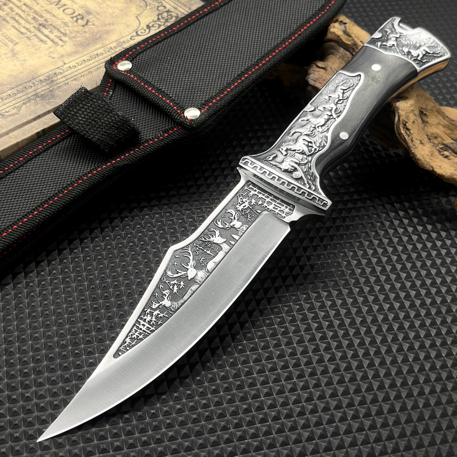 12Inch Fixed Blade Knife Comfort Grip Deer Embossed Design Nylon Sheath Included