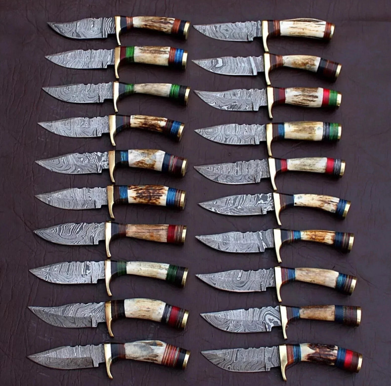 LOT OF 20, 6 inches Handmade Damascus Steel Skinner Knives in Stag horn W/Sheath
