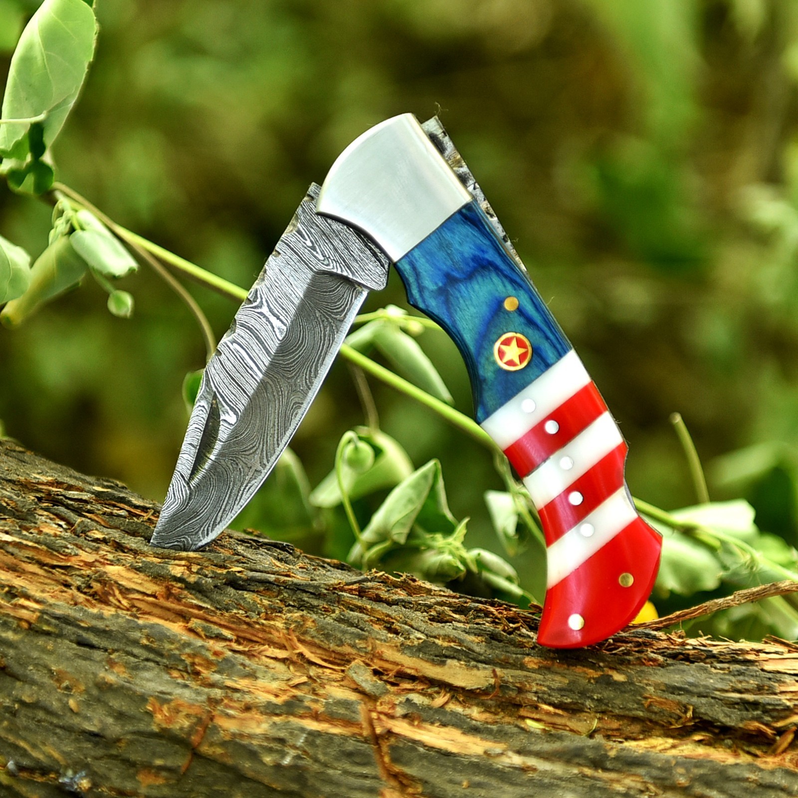 Handmade Forged Custom Damascus Steel Folding Pocket Knife with Leather Sheath