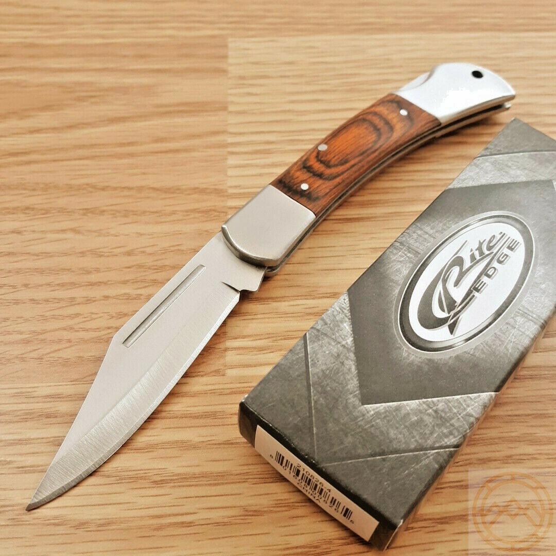 Lockback Folding Knife Stainless Steel Clip Point Blade Brown Pakkawood Handle