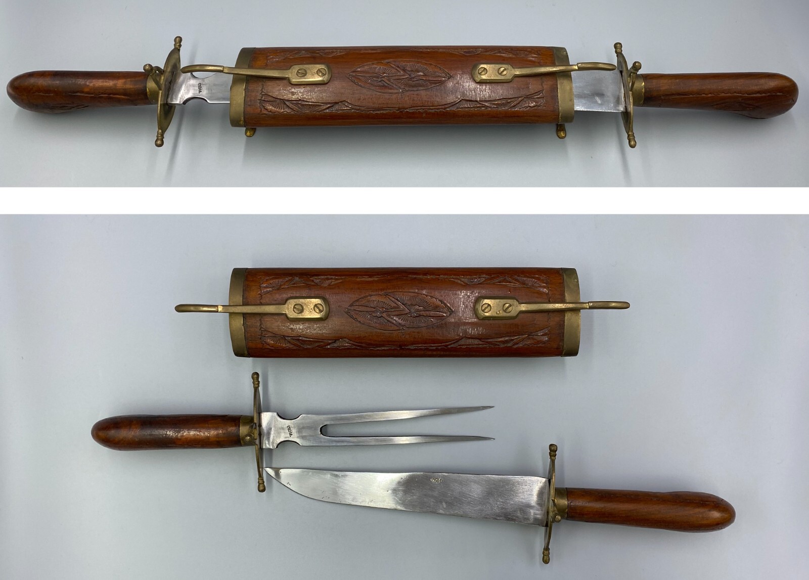 Vintage Indian knife and fork set wooden carved wood and brass trim