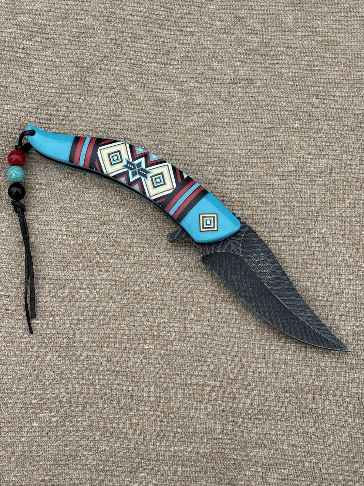 Western Style Pocket Knife Spring Assist Feather Navajo Blue Lanyard Beads