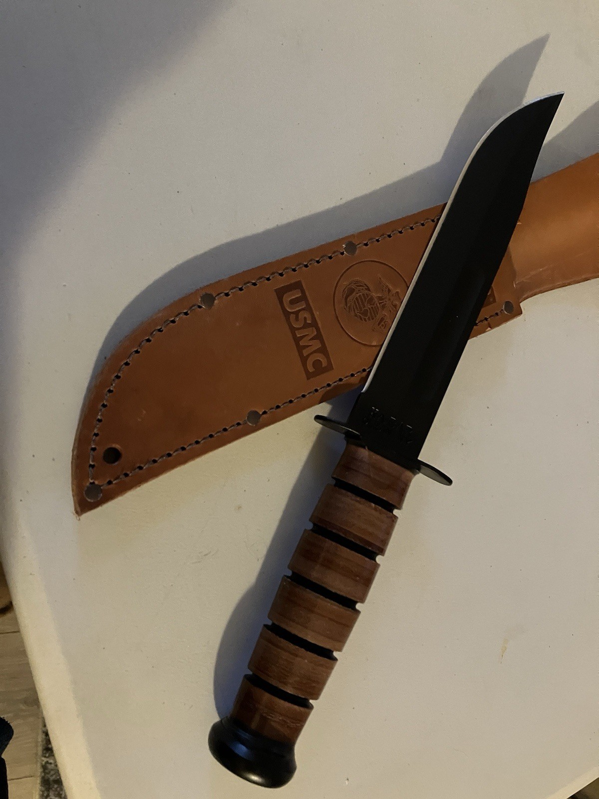 KaBar 1217 Fighting Knife USMC Leather Sheath Total Length 12”