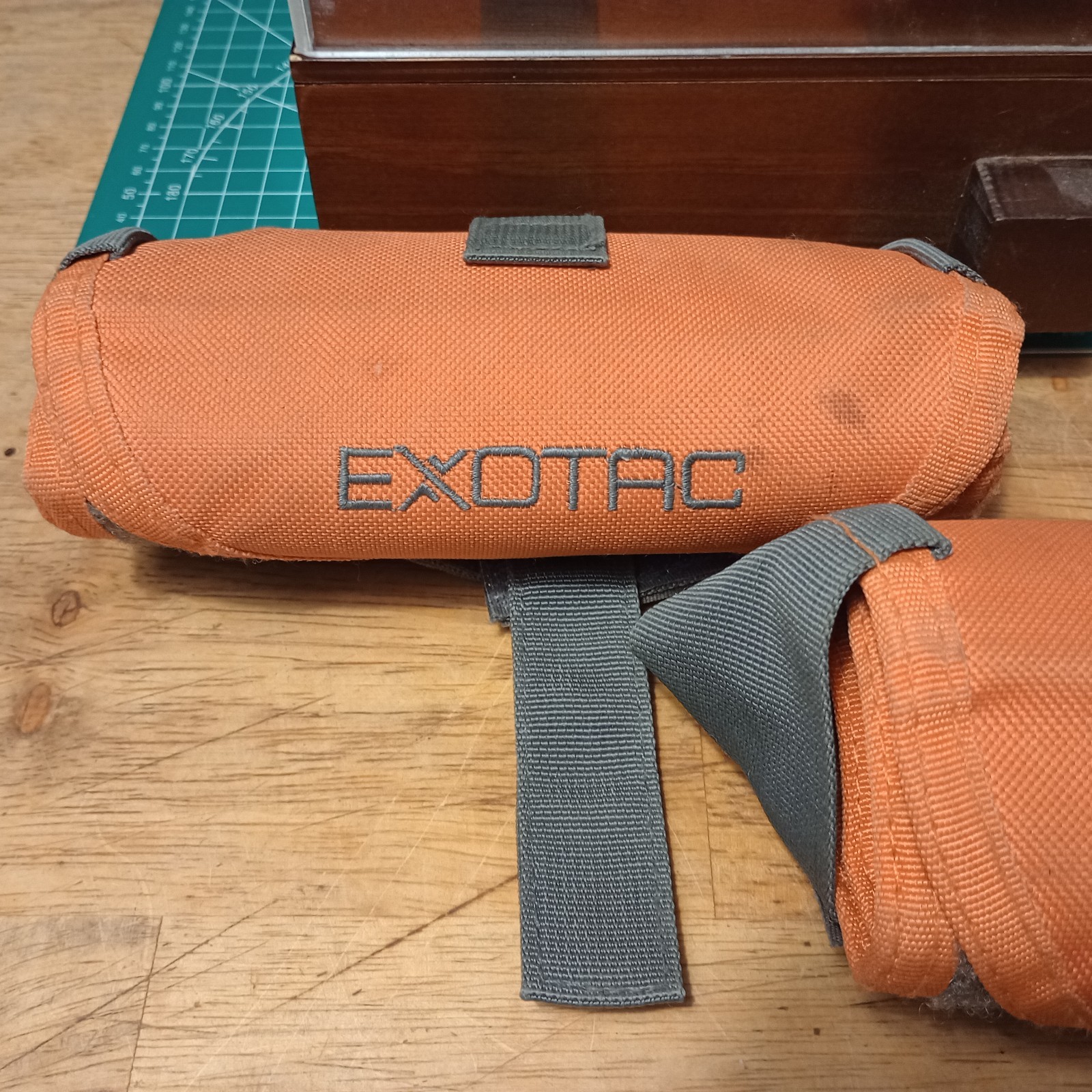 Lot: 3 Exotac Knife Rolls, Echaprey Wood Display Case & 18 Pocket Knife Case.