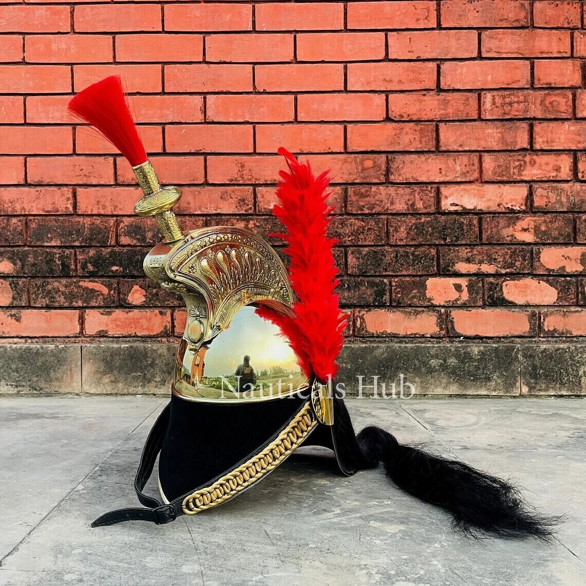 Pickelhaube Napoleon Helmet With Long Black Golden,Black Brass French Cuirassi