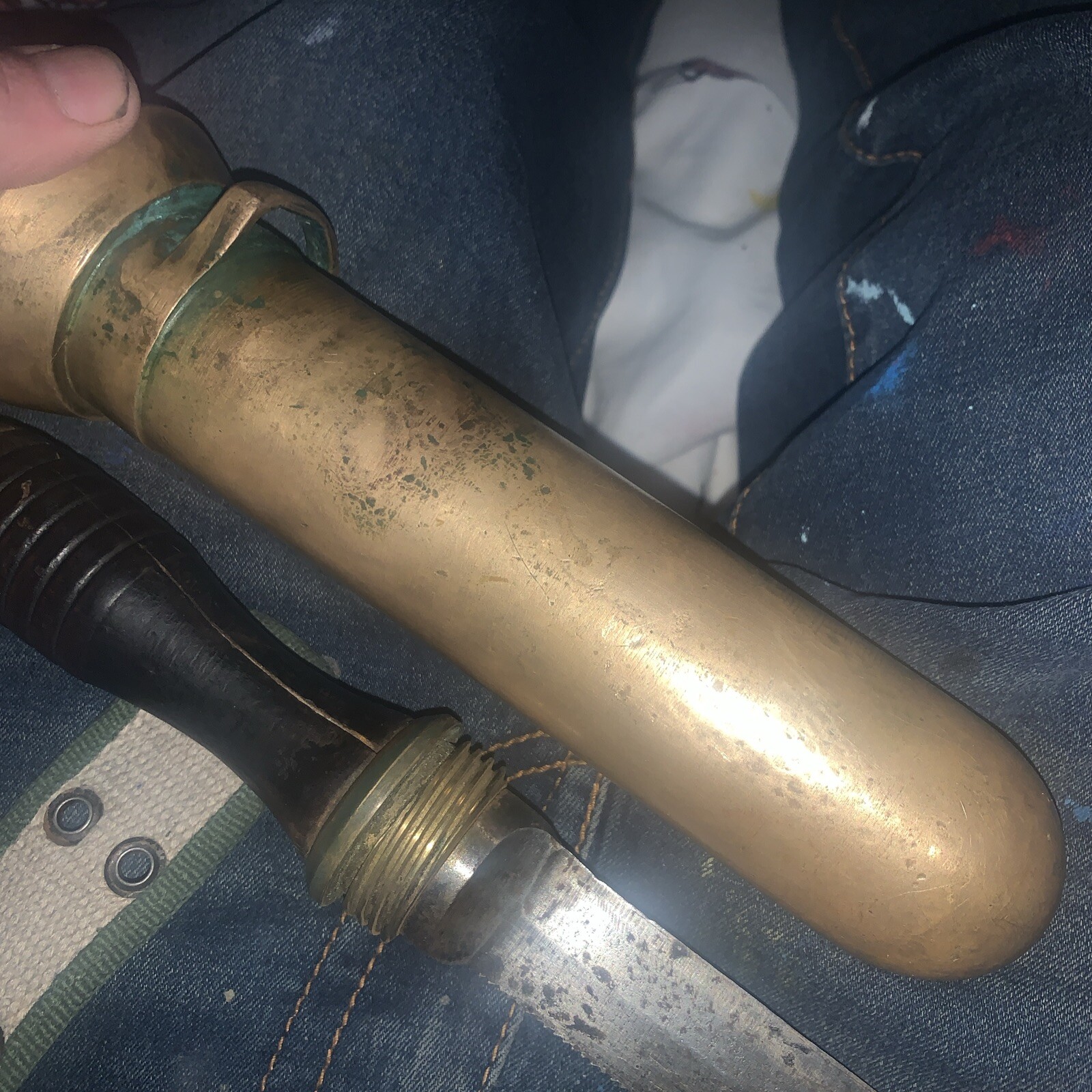 Morse Navy Divers Knife with Brass Sheath, Wooden Handle and Leather Strap 