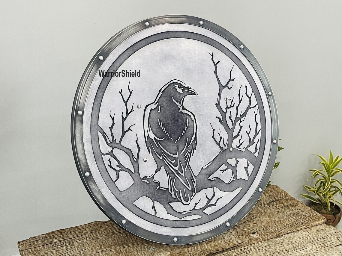 Yggdrasil Raven Carved Viking Shield: Handcrafted/Carved 24-Inch Wood and Metal
