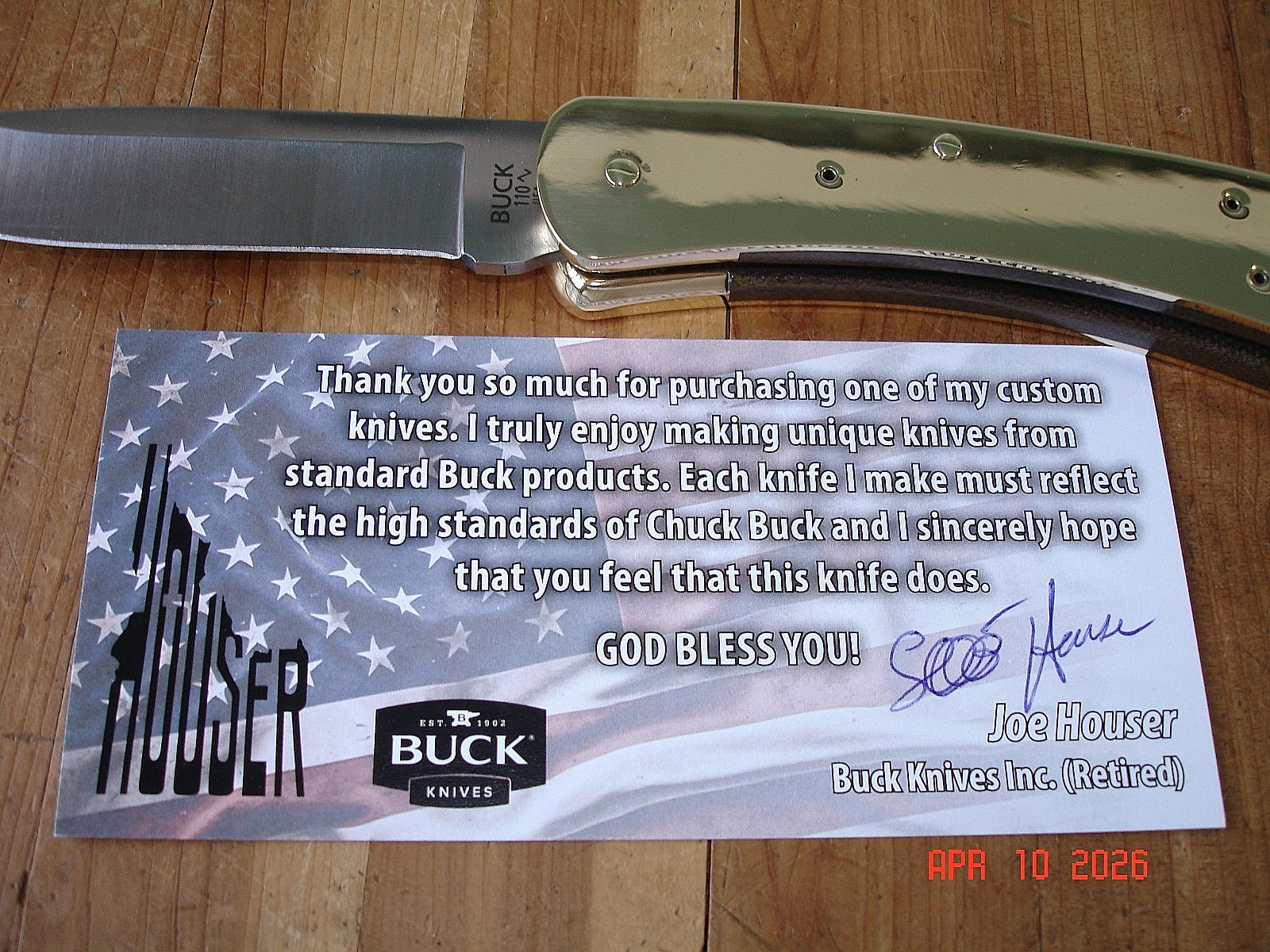 JOE HOUSER CUSTOM BUCK KNIFE 110 HUNTER BRASS INSIDE OUT DP 2024 BOS S30V BLADE