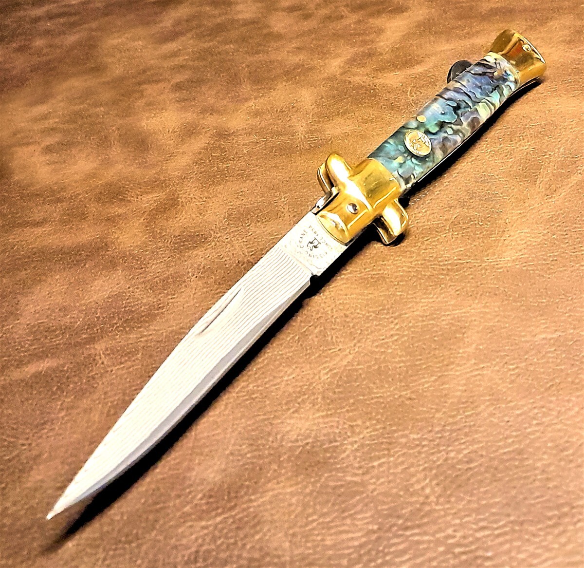 Kissing Crane Genuine Abalone Real Damascus Steel Stiletto Manual Pocket Knife