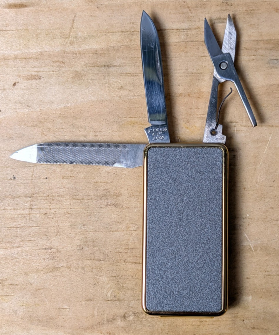 Vintage Colibri Sandstone Money Clip Pocket Knife Scissors Tools w/ Case JAPAN