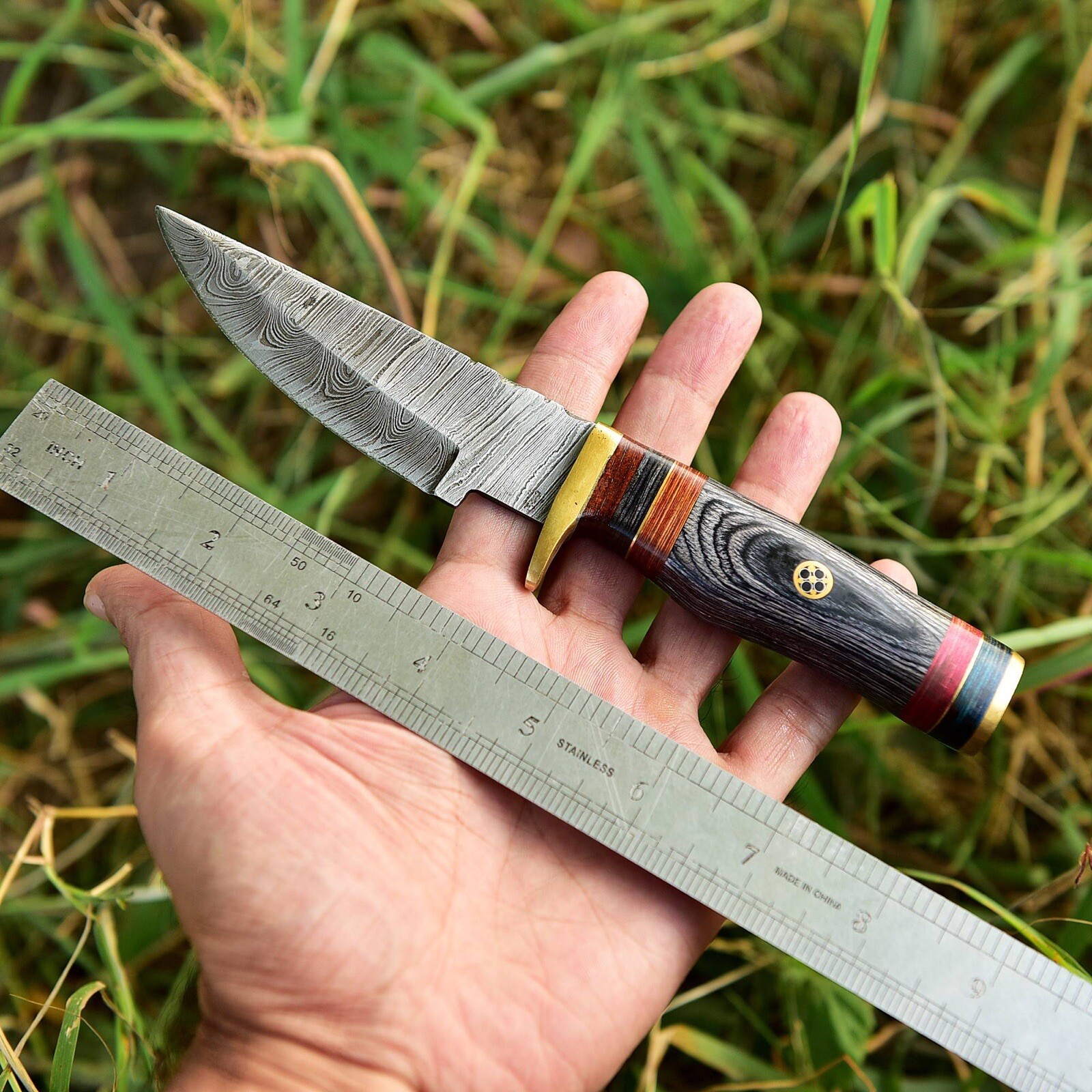 8.25”Handmade Damascus Steel Fixed Blade Hunting Skinner Knife Wood Handle