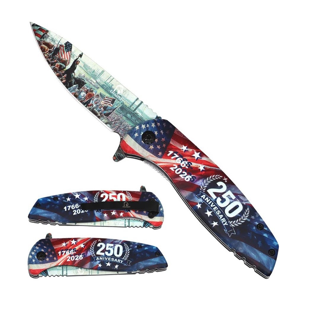 7.5″ 3D Aluminum Handle USA 250th Anniversary Spring Assisted Folding Knife Wi
