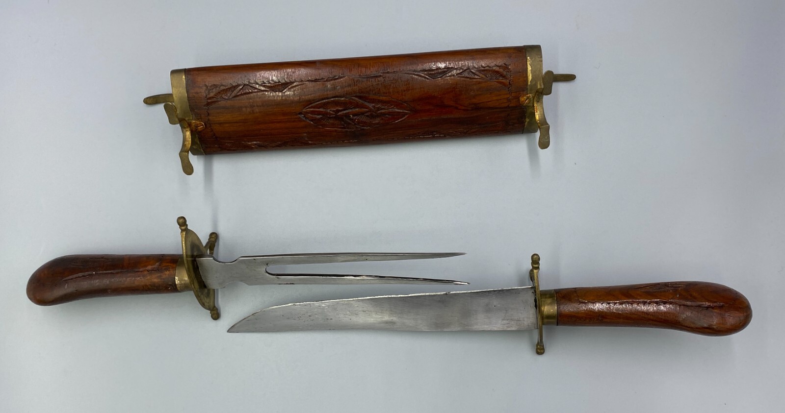 Vintage Indian knife and fork set wooden carved wood and brass trim