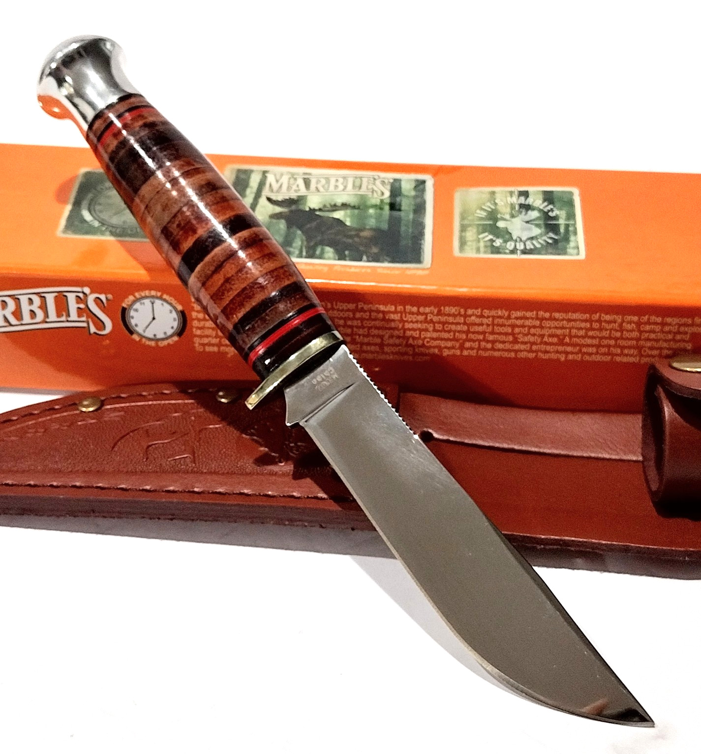 Marbles Brown Stacked Leather Handle Drop Point Fixed Blade Hunting Hunter Knife