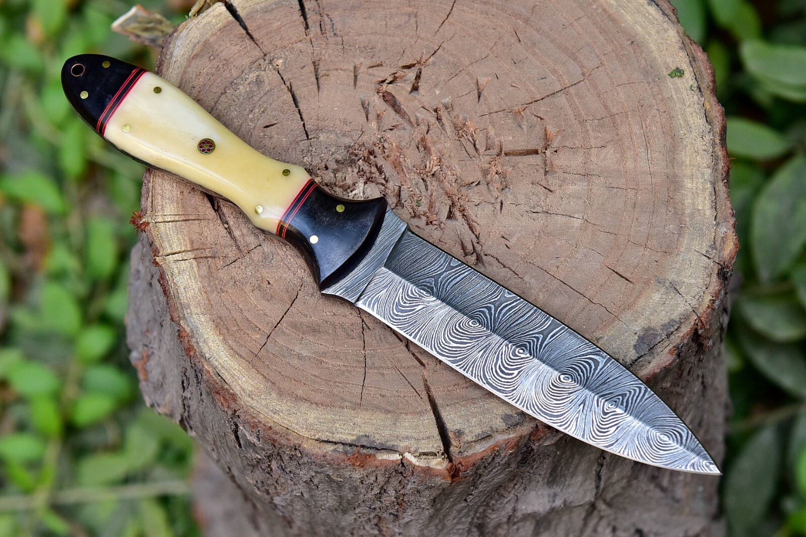 Damascus Steel Blade Double Edge Outdoor Knife for Survival, Camping, Hiking