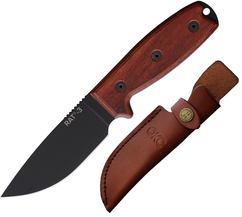 Ontario RAT 3 Fixed Knife 4″ Black High Carbon Steel Full Tang Blade Wood Handle