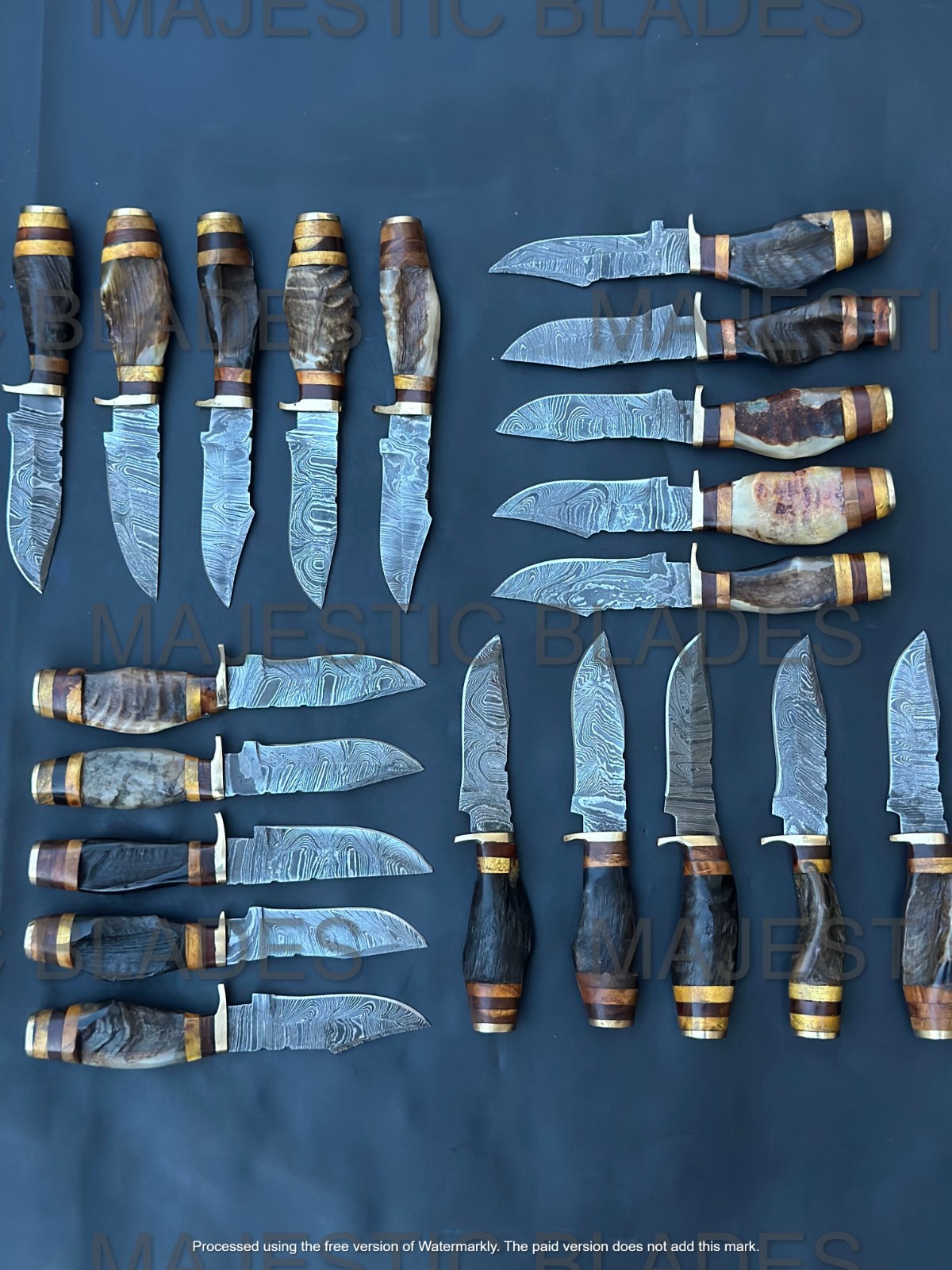 Lot of 20pc 8» Damascus Steel Skinning/Hunting Knife Ram Horn Handle W Sheath.