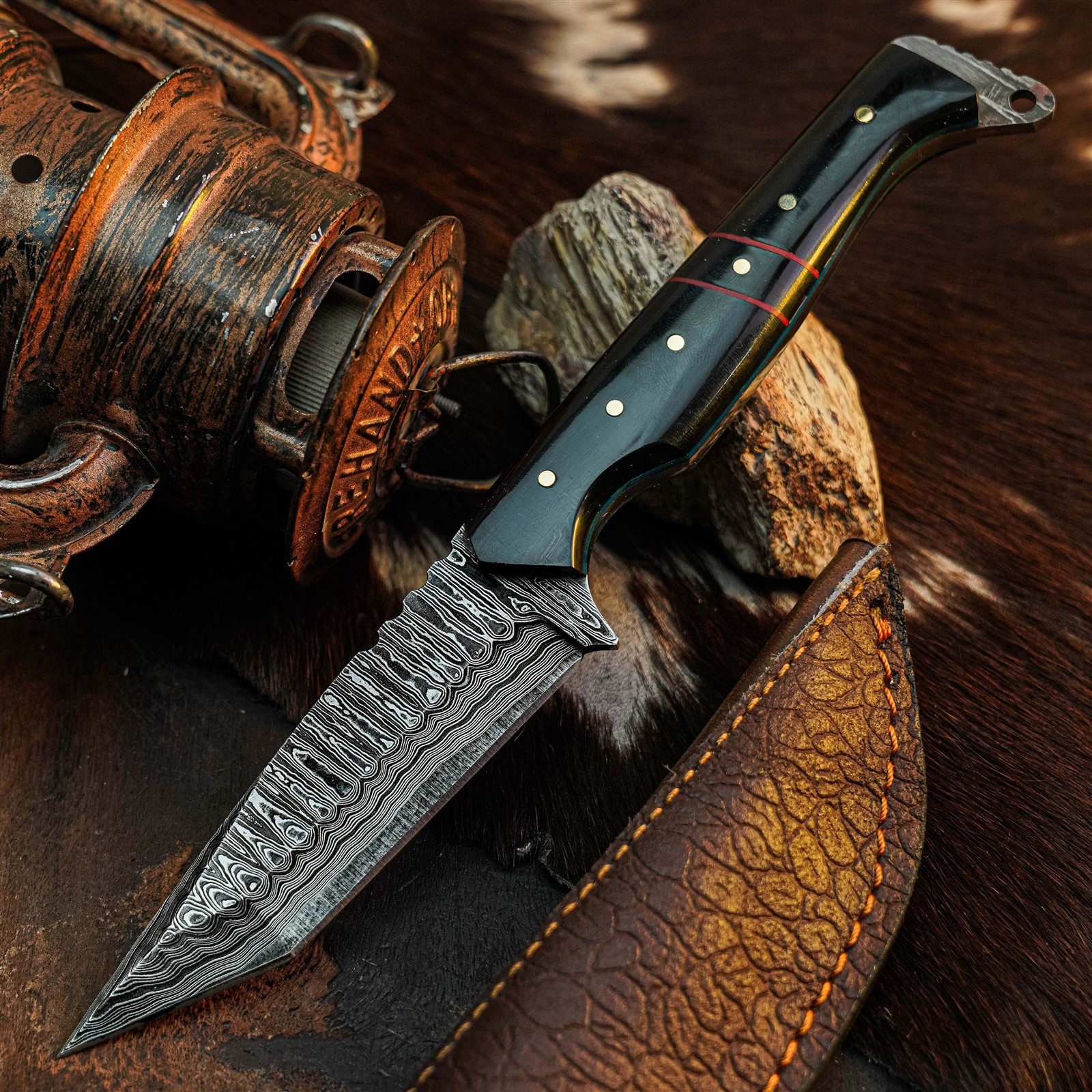9.0″ Damascus Hunting Knife Full Tang Wood Handle Fix Blade + Sheath
