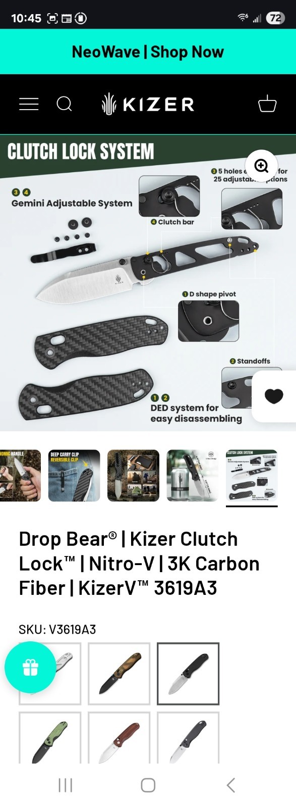Kizer Drop Bear V3619A3 Pocketknife Nitro-V Drop Point Plain Clutch Lock CF