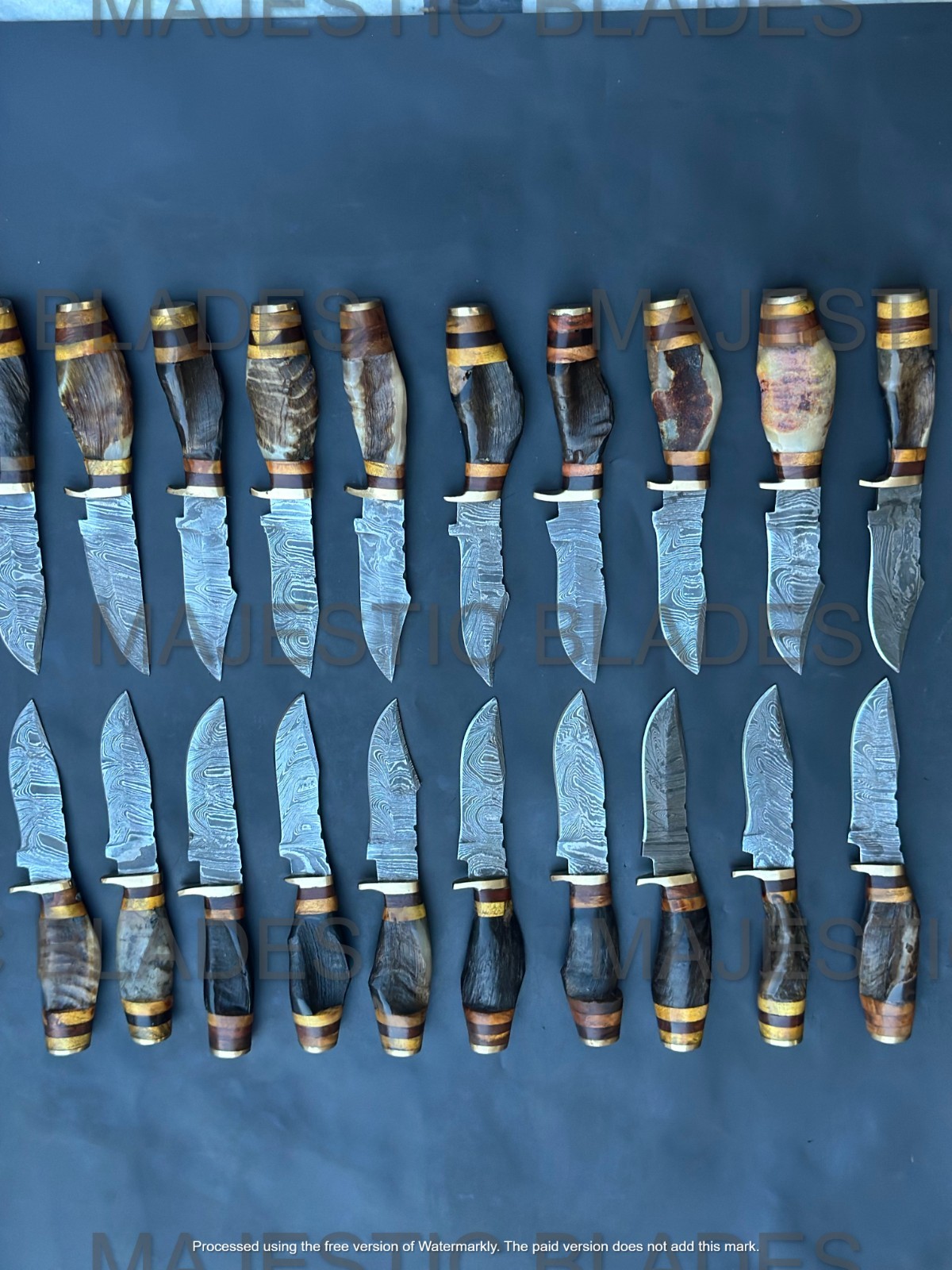 Lot of 20pc 8» Damascus Steel Skinning/Hunting Knife Ram Horn Handle W Sheath.