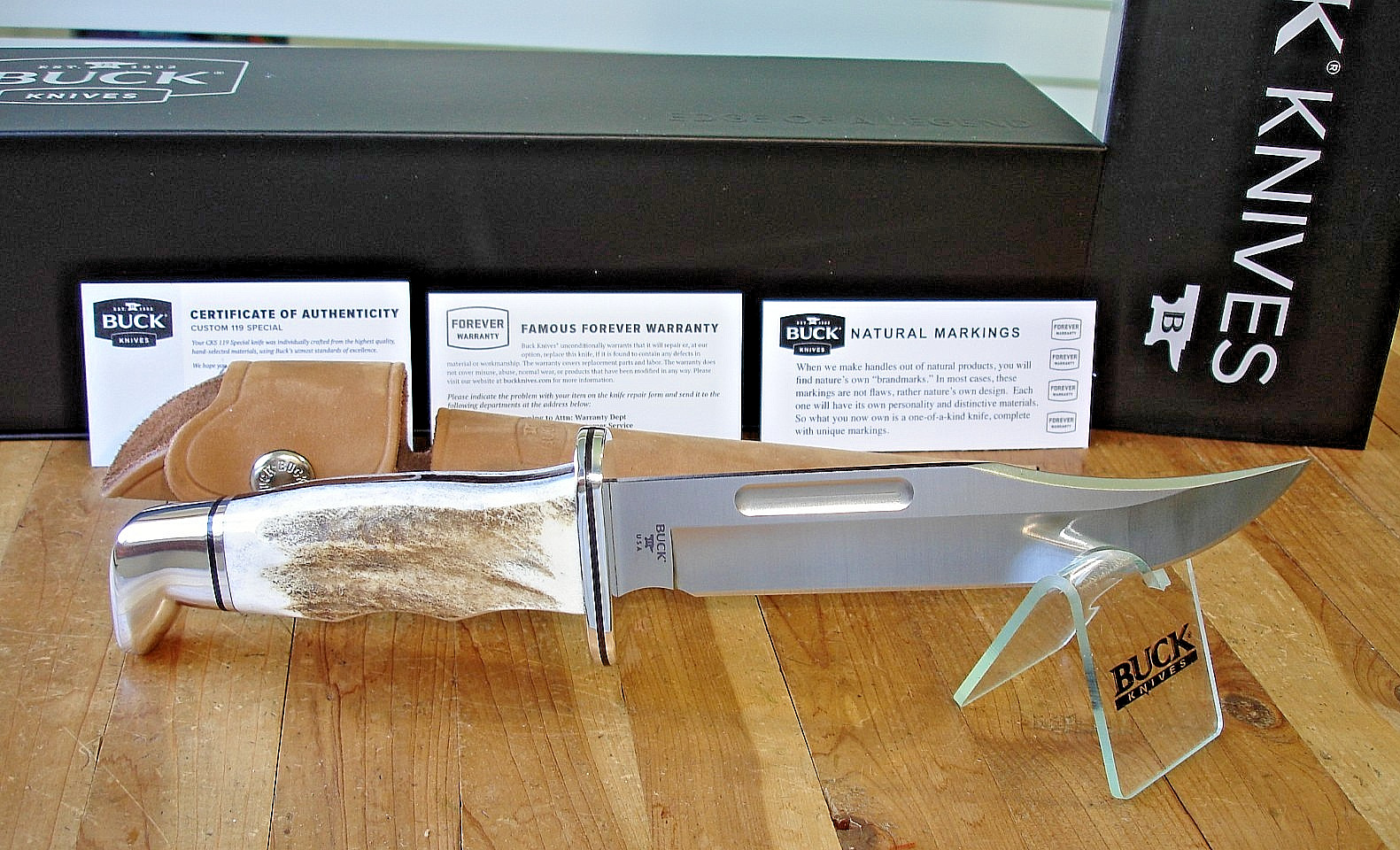 NIB BUCK KNIFE 119 CKS SPECIAL BOS MAGNACUT BLADE ELK ANTLER HANDLE BROWN SHEATH