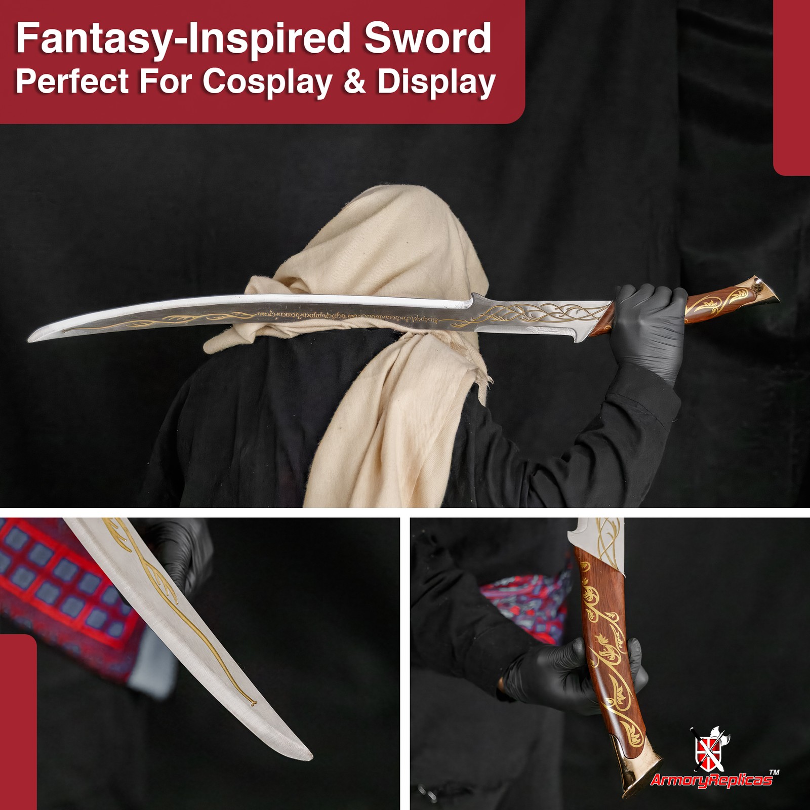 Hand-Forged Fantasy Long Sword: Engraved Carbon Steel Blade Decorative Scabbard