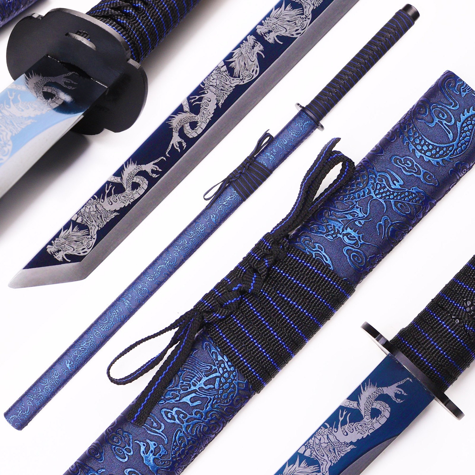 Relief Blue Dragon Patterned Katana, 1095 High Carbon Steel, Handmade Katana
